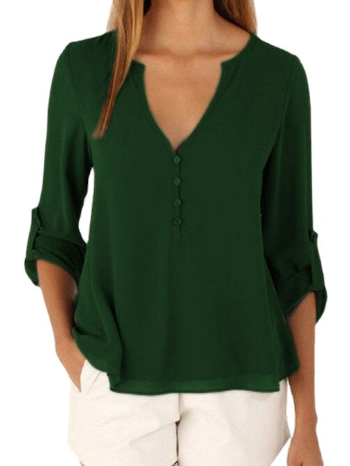 Chiffon Buttons V-Neck Irregular Hem Adjustable Sleeves Solid Causal Blouse