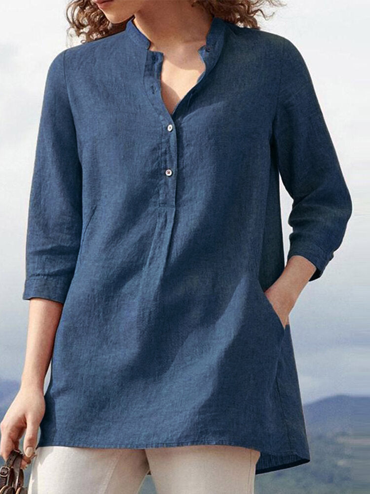 Women 3/4 Sleeve V Neck Button Down Tops Casual Loose Shirts Blouse