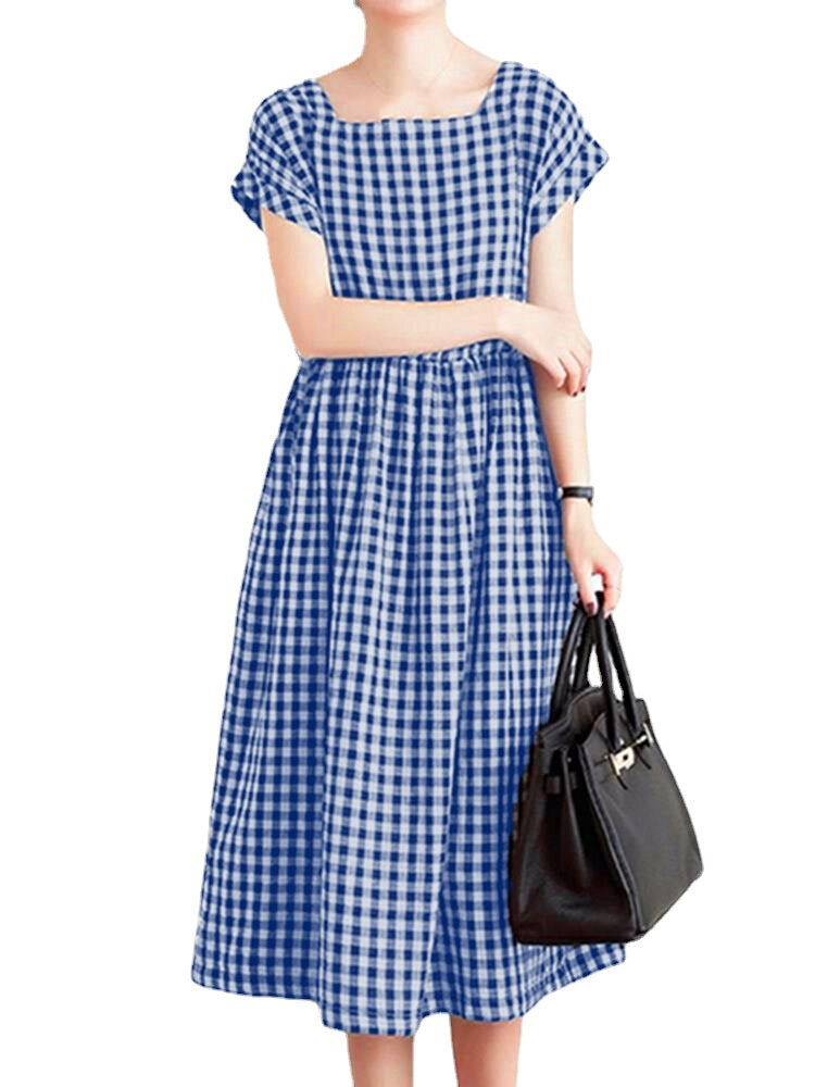 Women Squre Neck Plaid Calf Length Side Pockets Casual Midi Dresses