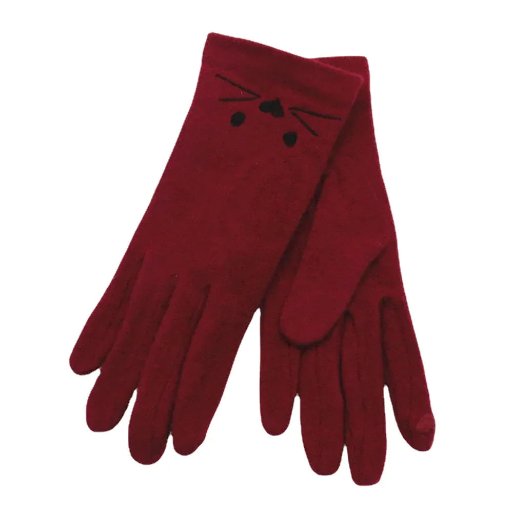 Women Wool Screen-touchable Embroidery Cartoon Cat Pattern Keep Warm Fashion Casual Gloves
