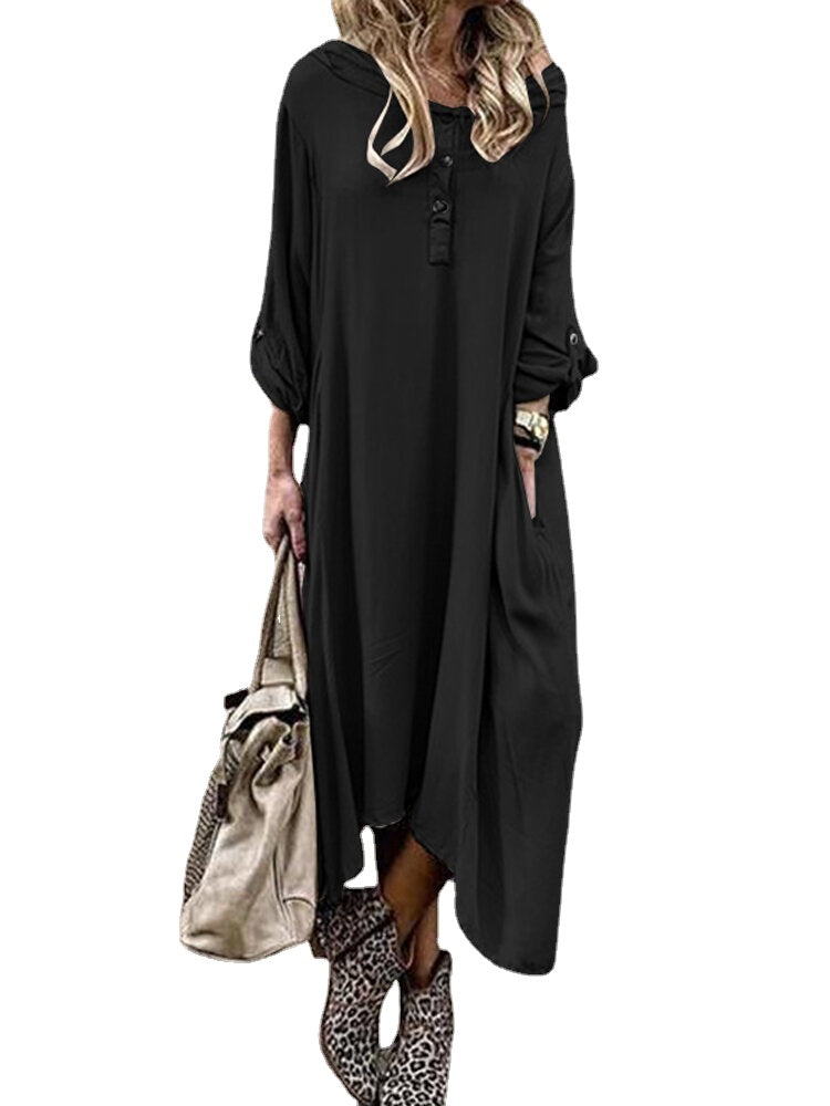 Long Sleeve Button Solid Side Pocket Casual Maxi Dress For Women