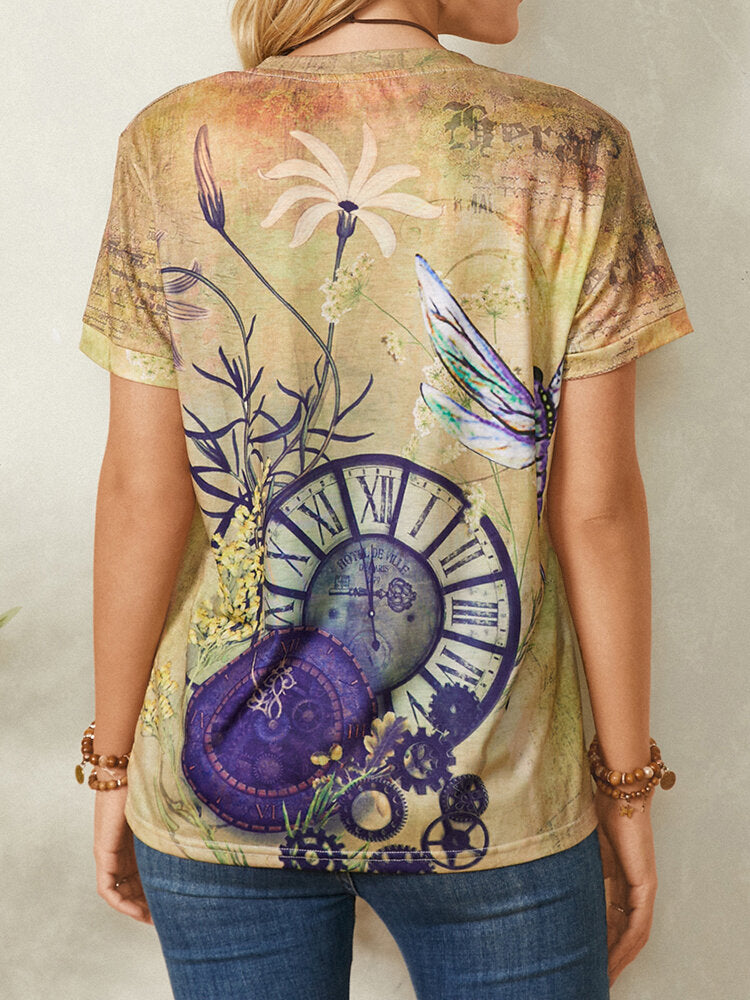 Clock Dragonfly Print Short Sleeve O-Neck Casual Vintage T-Shirt For Women