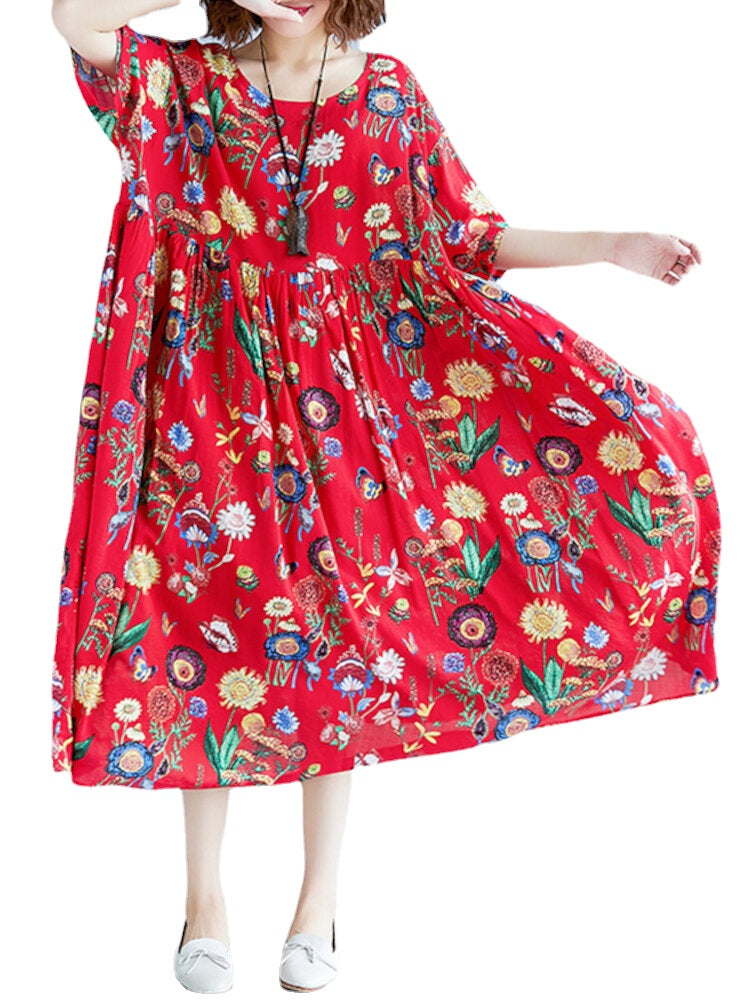 Women Loose Fit Casual Bohemian Retro Style Flower Round Neck Dress