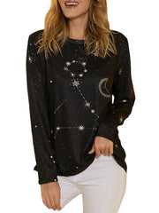 Women Pisces Print Stars Moon O-neck Long Sleeve Casual T-Shirt