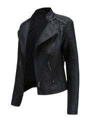 Women Faux PU Leather Solid Color Motorcycle Jacket