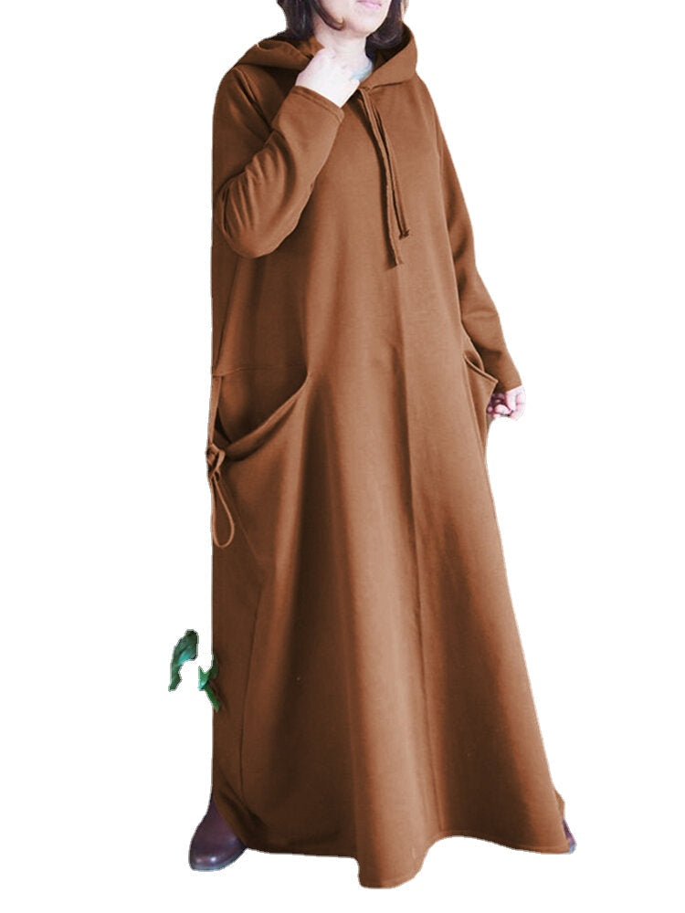 Women Solid Color Side Double Pocket Loose Hooded Maxi Dresses