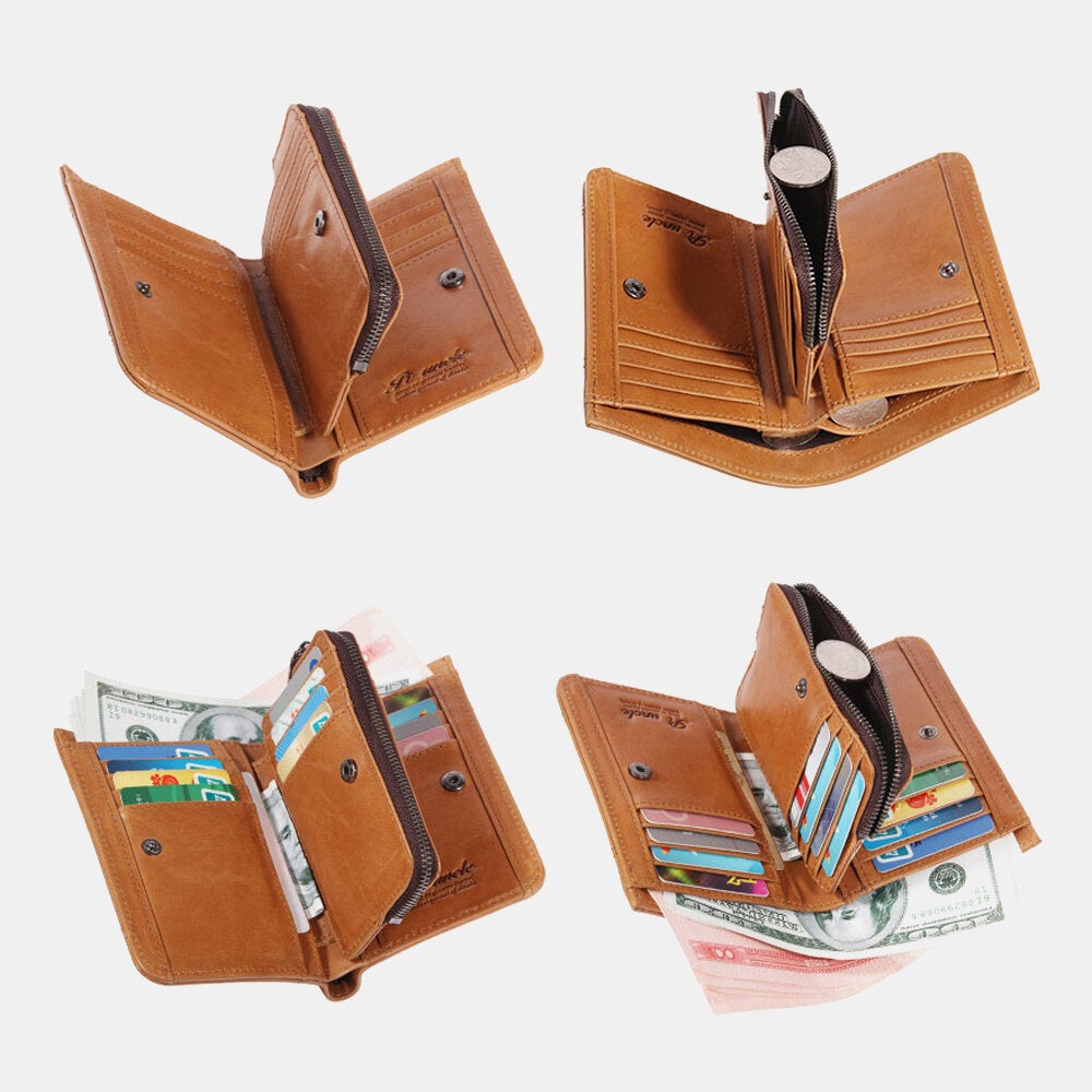 Men Genuine Leather Short RFID Anti-theft Large Capacity Multi-card Slot Card Holder Coin Purse Wallet Money Clip