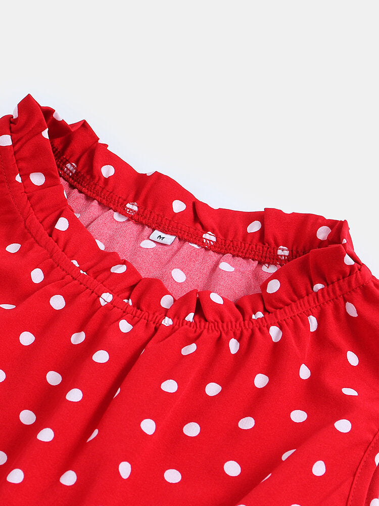 Polka Dot Print Sleeveless High Low Hem High Waist Dress