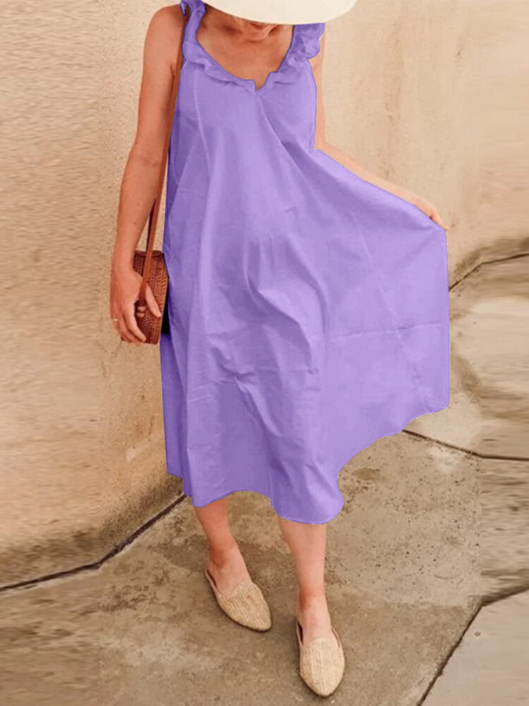 Women Sleeveless Ruffles Solid Color Holiday A-line Maxi Dress