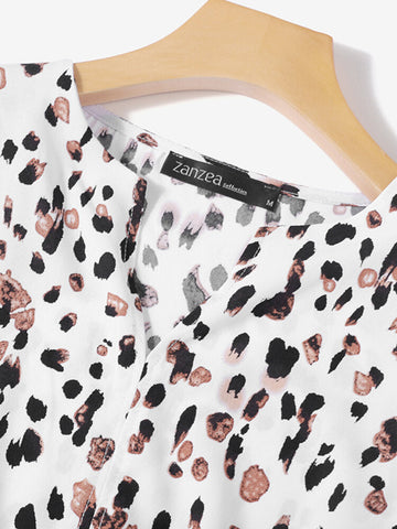 Women Leopard Printed V-Neck Flare Sleeve Elastic Cuff Drawstring Waist Shirts