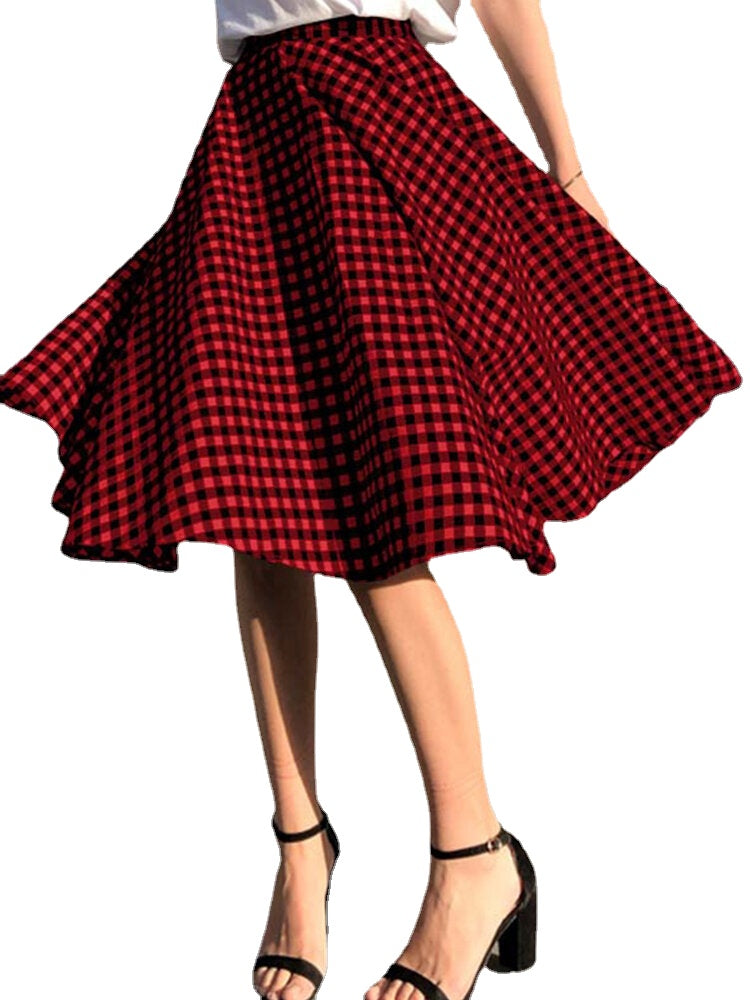Women Plaid Pleated Spliced Loose Casual Leisure Skirts