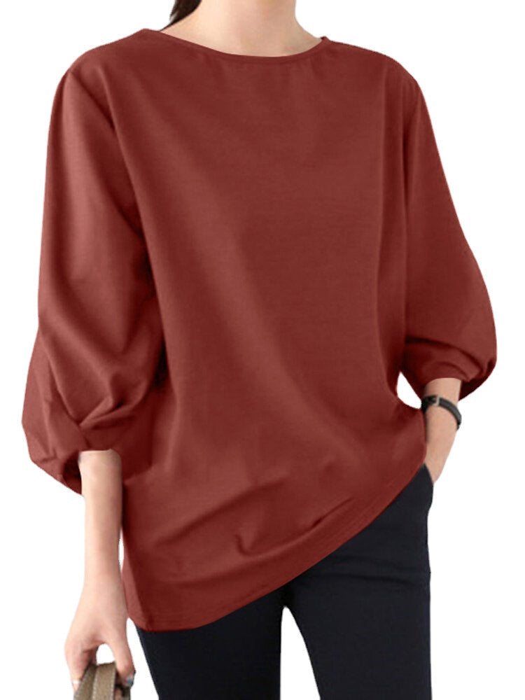 Solid Crew Neck Loose 3/4 Sleeve Casual Blouse