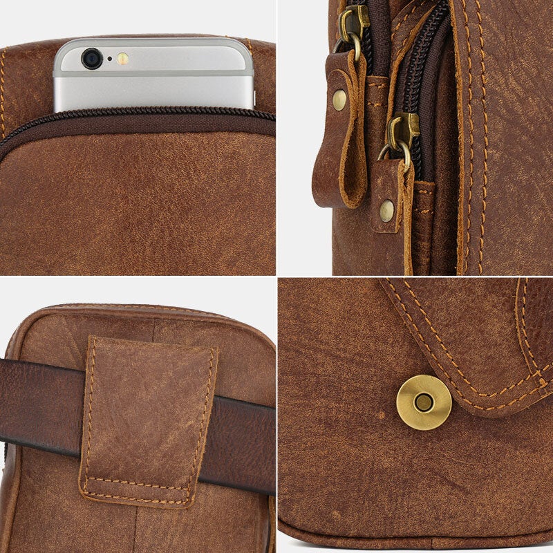 Men Genuine Leather Large Capacity Waist Bag Multifunctional Outdoor Retro 6.3 Inch Phone