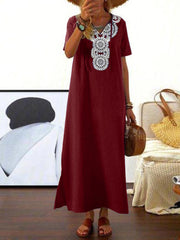 Bohemia Embroidery V-neck Short Sleeve Split Maxi Dress