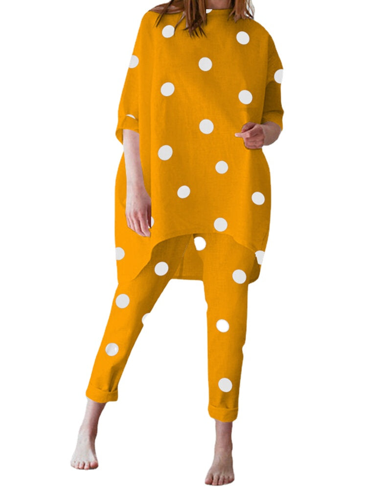 Polka Dot Irregular Hem Elastic Waist Casual Suit