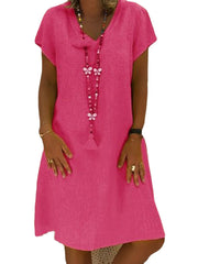 Women Casual Solid Color V-neck Short Sleeve Dress