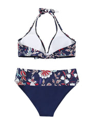 Women's Swimwear Bikini 2 Piece Normal Swimsuit Halter 2 Piece Open Back Sexy Floral White Blue Dusty Blue Green Halter V Wire Bathing Suits Sexy Vacation Beach Wear
