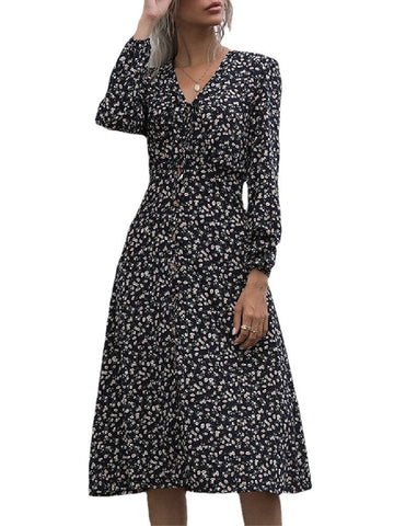 Women Vintage Floral Print Button V-Neck Long Sleeve Midi Dress