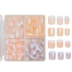 96 Pieces Short Square Press On Nails - 4 Colors, Full Cover, White French Glitter Design