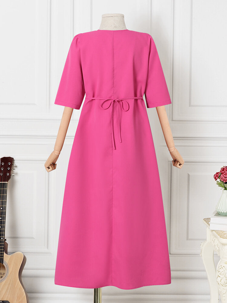 Solid Ruched Pocket Knotted V Neck Midi Casual Dress