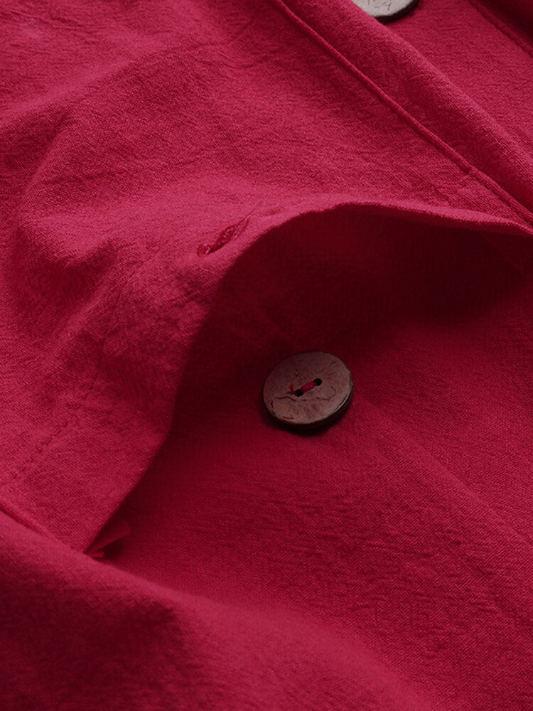 Women Cotton V-neck Buttons Down Bandage Solid Shirt Dress