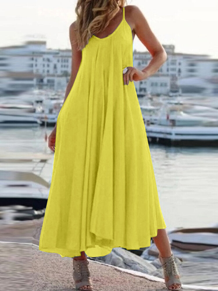 Solid Color Sleeveless Straps Holiday Casual Maxi Dress