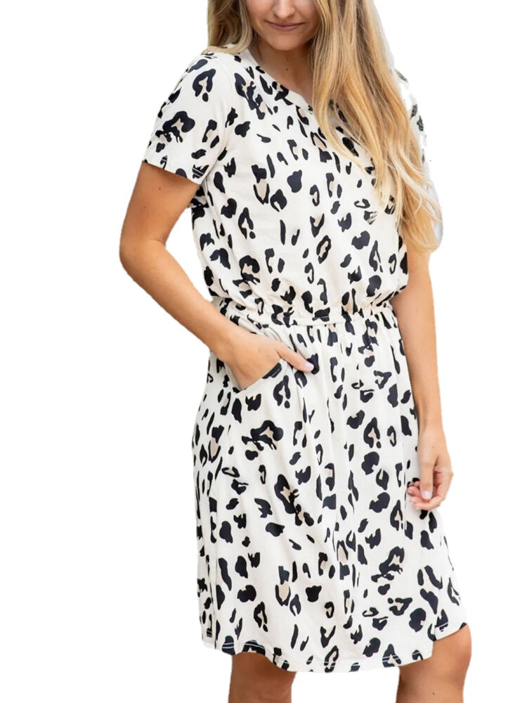 Leopard Print Round Neck Elastic Waist Short Sleeve Mini Dress