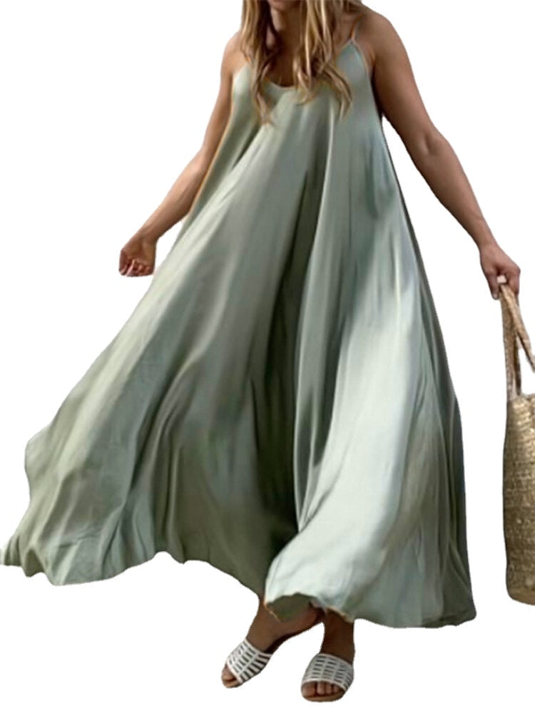 Solid Color Spaghetti Sleeveless Loose Swing Casual Maxi Dress