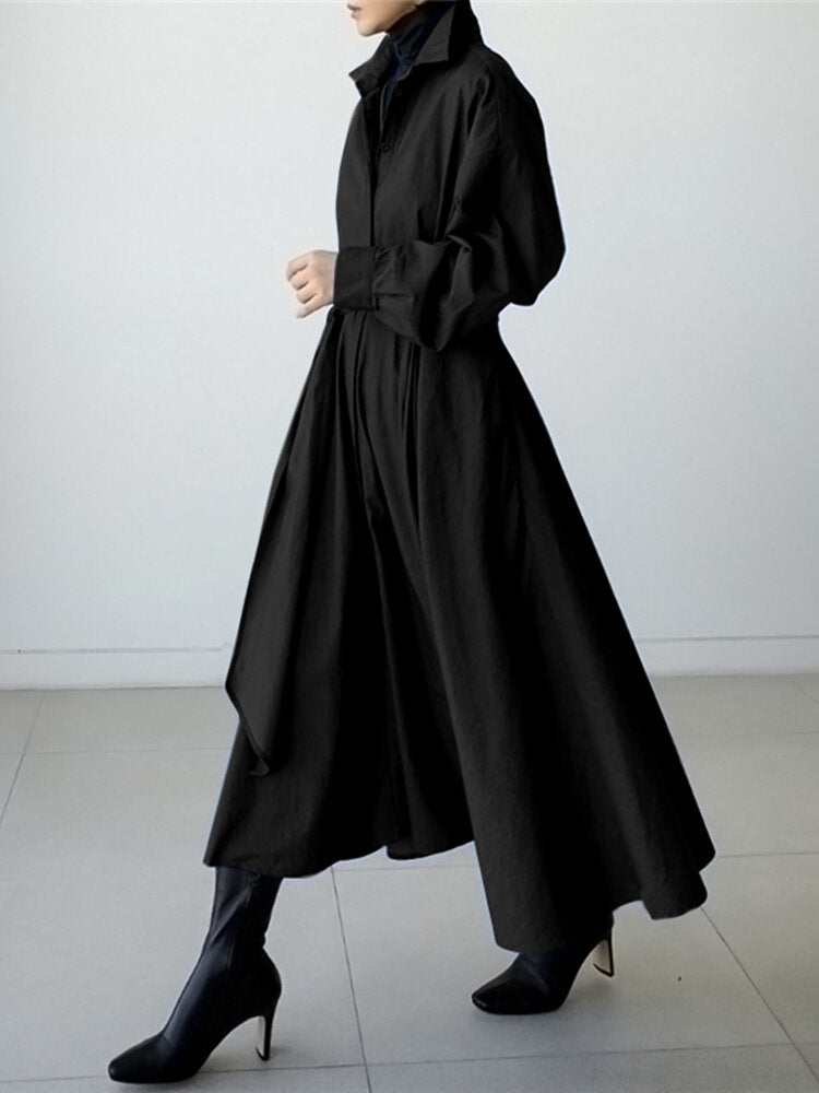 Women Solid Puff Sleeve Pleats Long Sleeve Loose Maxi Dresses