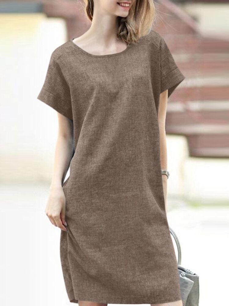 Solid Short Sleeve Round Neck Midi Casual Dress