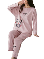 Women Cartoon animal Print Rib Long Sleeve Elastic Waist Pajama Set With Pocket