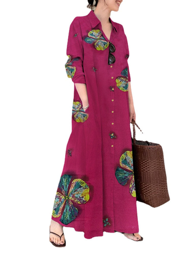 Women Flower Print Button Up Casual Long Sleeve Maxi Shirt Dresses With Pocket