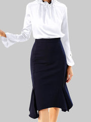 Solid Color Pearl Flared Long Sleeve Ruffled Office Blouse For Women