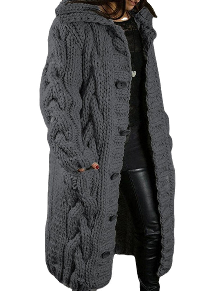 Women Solid Color Jacquard Knitted Mid-Length Hooded Cardigan With Pocket