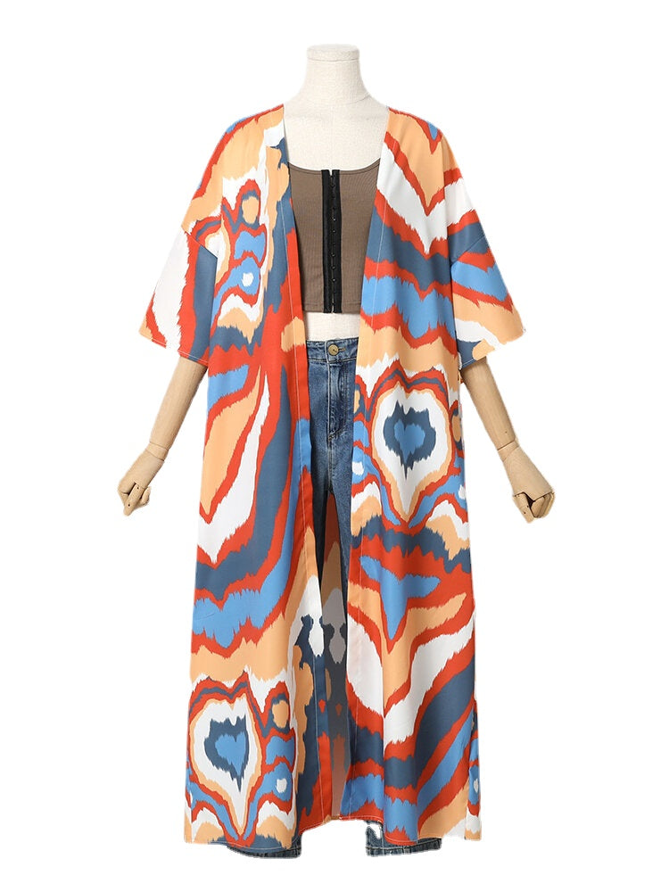Printing Open Front 3/4 Sleeve Loose Cardigan For Women