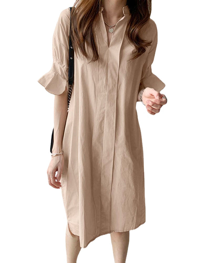 Casual Plain Lapel Button Half Sleeve Side Pocket Shirt Dress