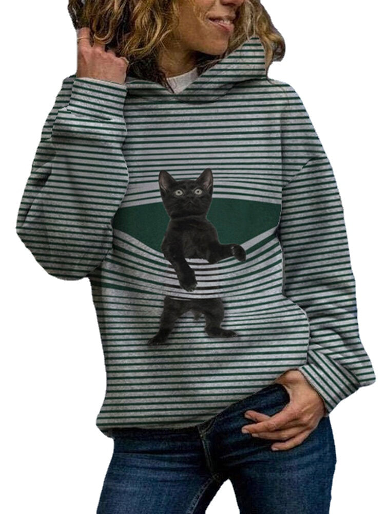 Black Cat Print Long Sleeve Casual Striped Hoodies For Women