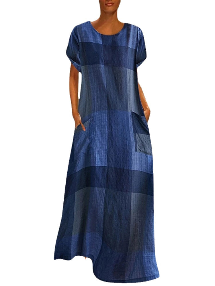 Women Print Round Neck Short Sleeve Floral Maxi Dress