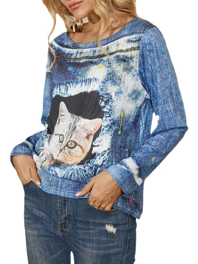 Women Cat Print Round Neck Casual Long Sleeve Blouses