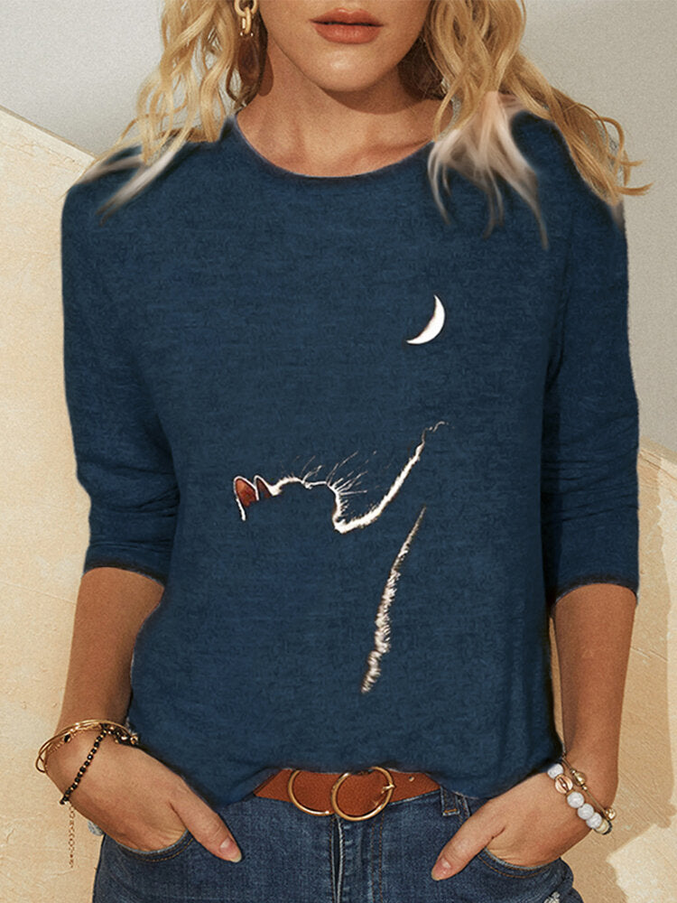 Women Design Cat Print O-Neck Long Sleeve Casual T-Shirts