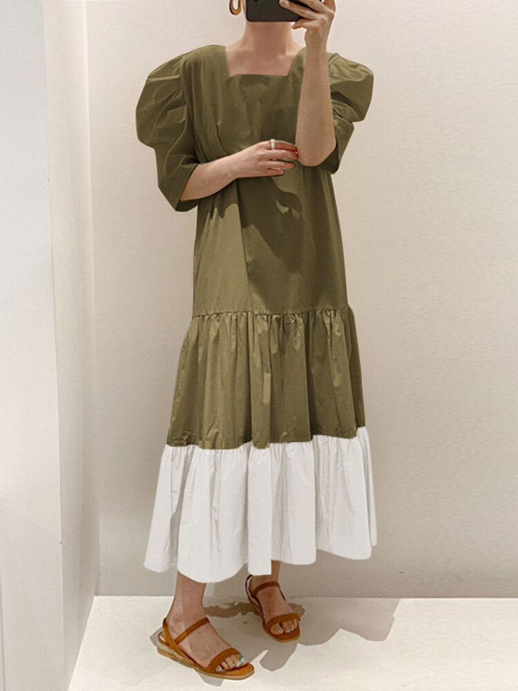 Puff Sleeve Spliced Pleated Solid Loose Summer Dress For Women