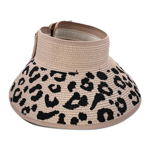 Ladies Straw Bow Leopard Print Straw Hat Vacation Travel Sunscreen Sunhat