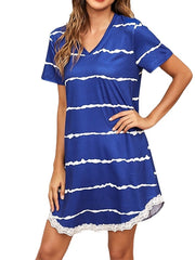 Women's Plus Size Pajamas Nightgown Nighty Pjs Stripe Sport Simple Comfort Home Daily Vacation Cotton Breathable V Wire Short Sleeve Spring Summer Blue Wine, Sweet, Lace, Print