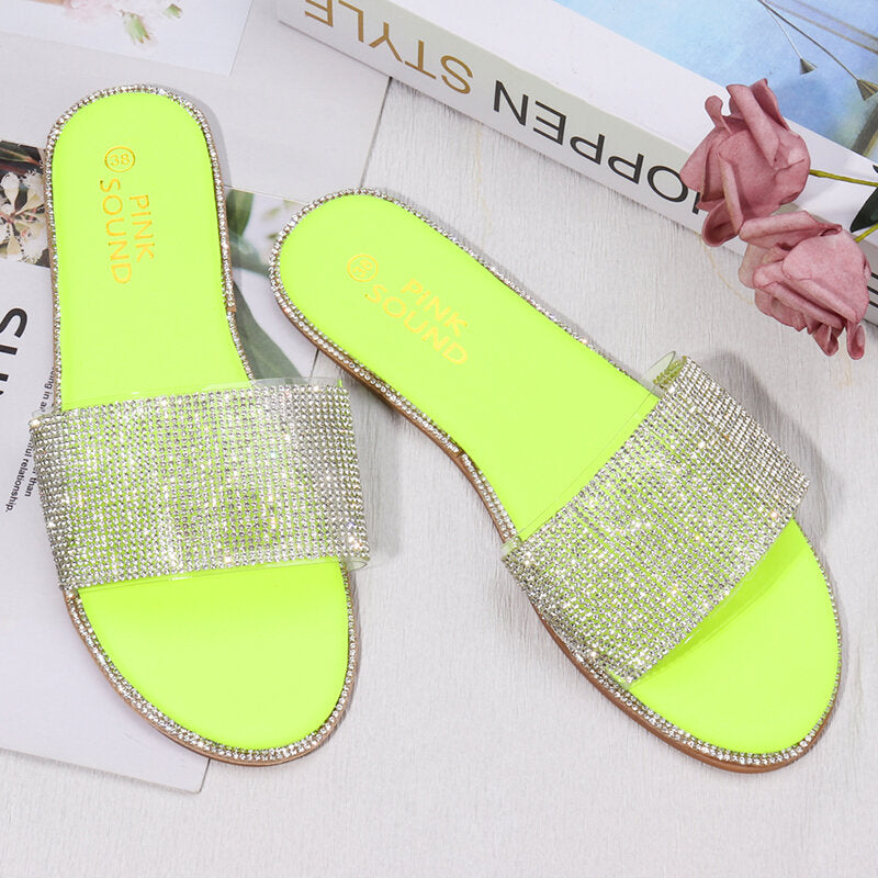 Women Rhinestone Bling Slippers Summer Beach Flip Flops Flat Walking Hiking Camping Home Anti-slip Comfortable Slippers Loafers Shoes