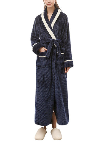 Women Contrast Color Long Sleeve Thicken Double Pocket Sashes Sleepwear Robes
