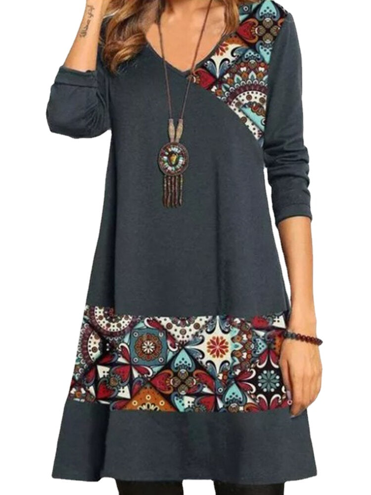 Women Vintage Print Patchwork V-Neck Casual Long Sleeve Mini Dresses