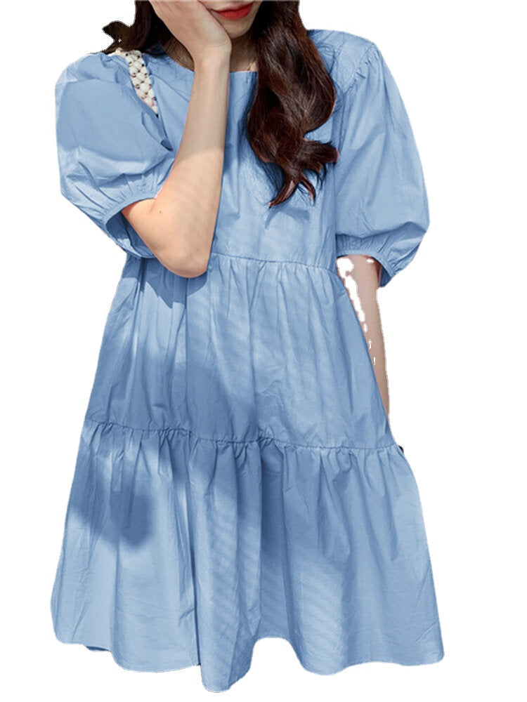 Summer Puff Sleeve Pleating Solid Loose Dress