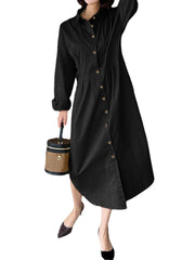 Women Shirt Collared Spliced Buttons Pleated Solid Casual Midi Dresses