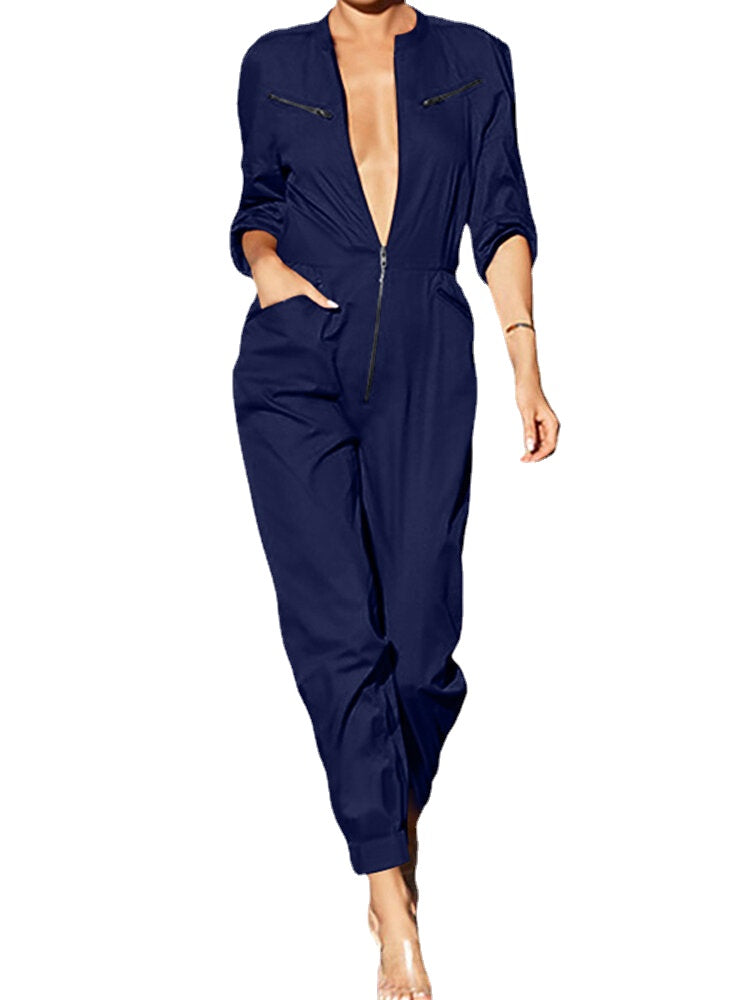 Women Zip Front Long Sleeve Beam Feet Cargo Solid Color Jumpsuits With Pocket