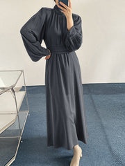 Solid Long Sleeve High Neck Pleated Casual Maxi Dress